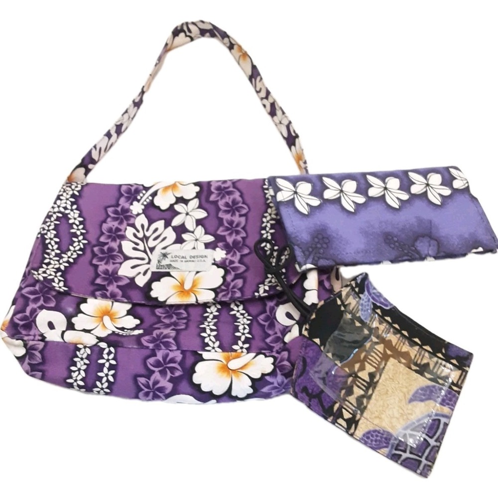 Local Design Shoulder Handbag Wallet ID Holder Set Of 3 Purple Floral Purse